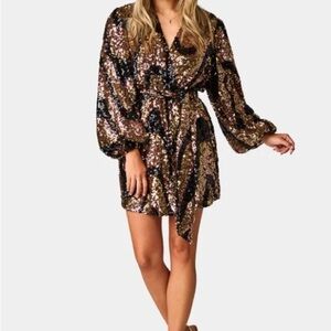Buddy Love Adeline Black & Gold Sequin Short Wrap Dress SZ Medium